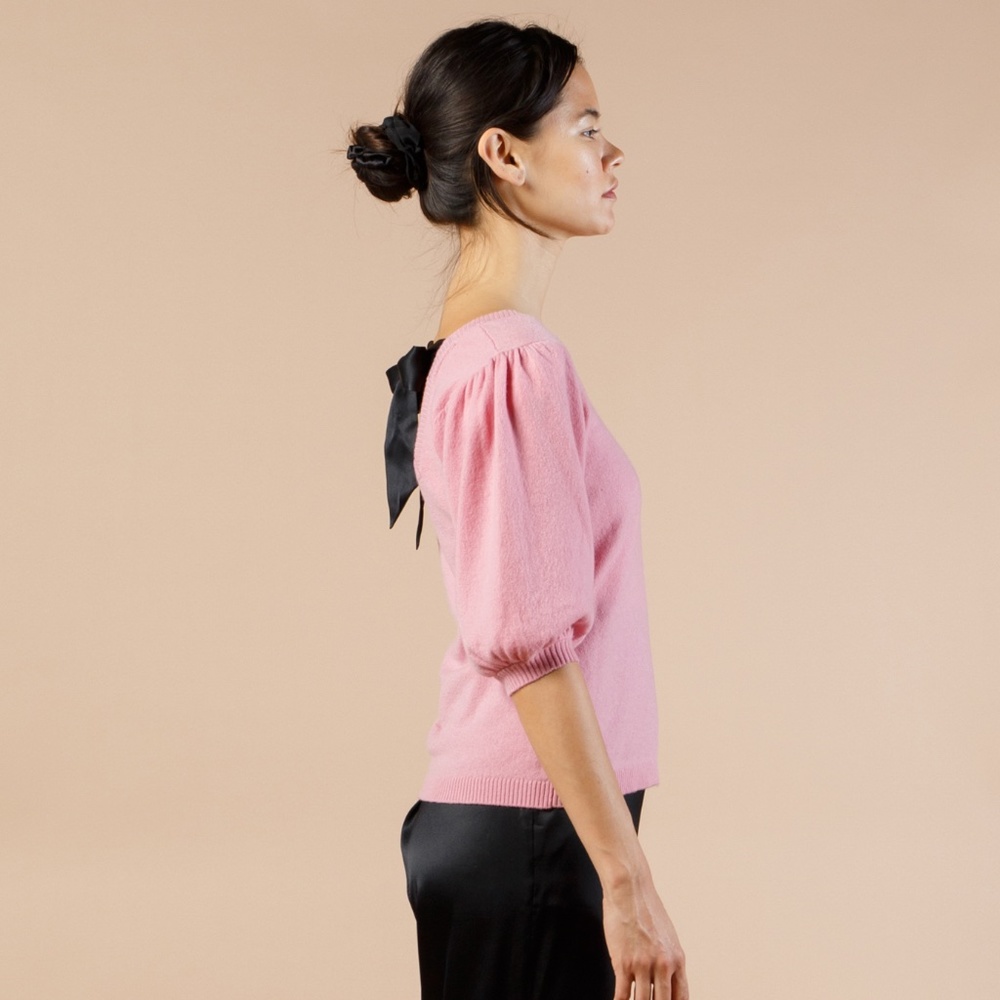 Cashmere Puff Sleeve Top Square Neck, Pink Cashmere Sweater w Silk Bow S,M,L,XL - Picture 6 of 9